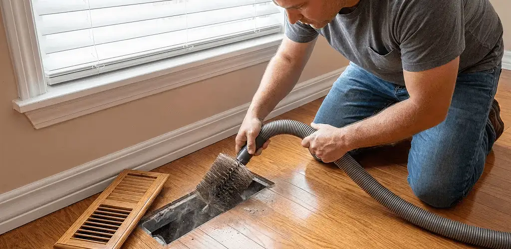Air duct cleaning technician vacuuming a floor vent and duct opening in Hialeah, FL
