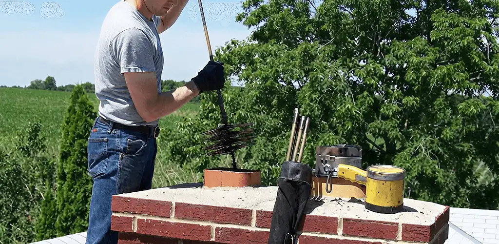 Chimney cleaning technician working on a rooftop chimney with professional tools in Hialeah, FL