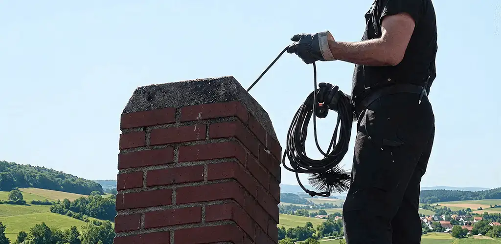 Chimney sweep inspecting and cleaning a rooftop chimney in Hialeah, FL