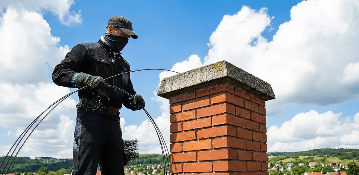 Chimney sweep cleaning a brick chimney with professional tools in Hialeah, FL