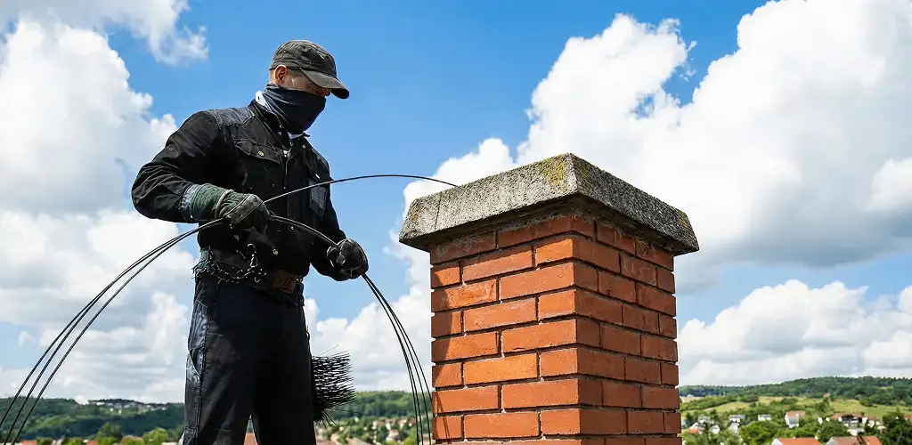Chimney sweep cleaning a brick chimney with professional tools in Hialeah, FL