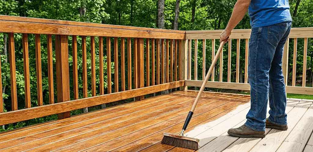 Deck staining and sealing application on a wood deck in Hialeah, FL