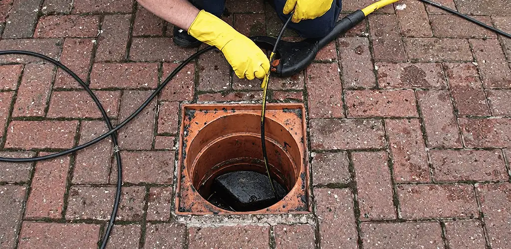 Drain cleaning technician using a drain snake to clear a clogged drain in Hialeah, FL