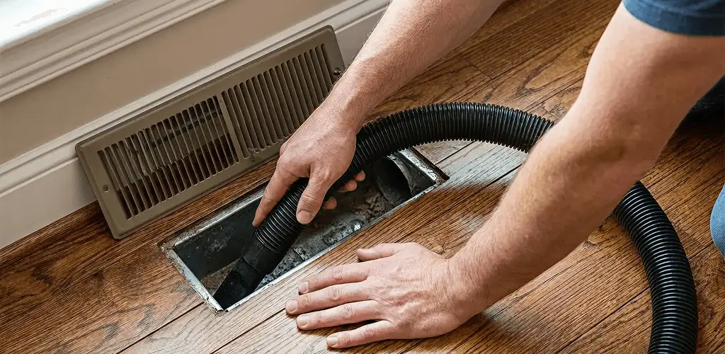 Air duct cleaning technician vacuuming a floor register and duct opening in Hialeah, FL