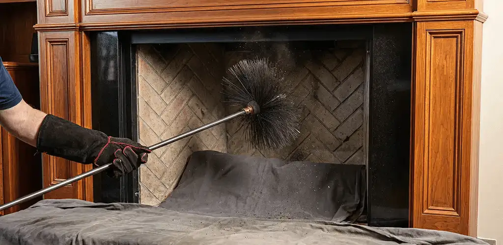 Chimney cleaning service brushing soot from a fireplace and flue in Hialeah, FL