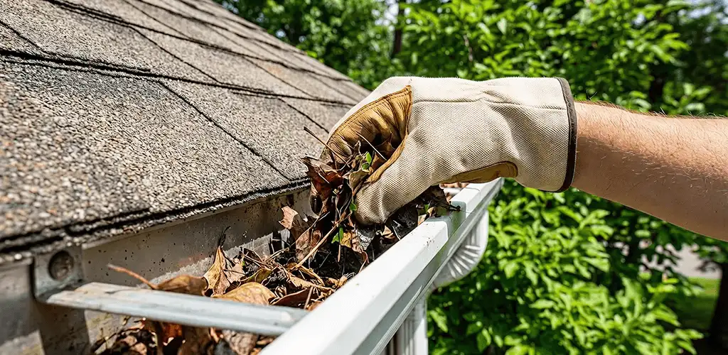 Gutter cleaning removing leaves and debris from roof gutters in Hialeah, FL