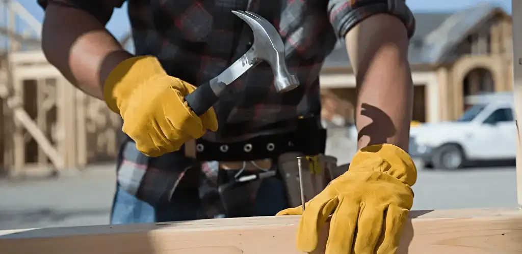 Handyman fixing wood trim with a hammer for home repairs in Hialeah, FL