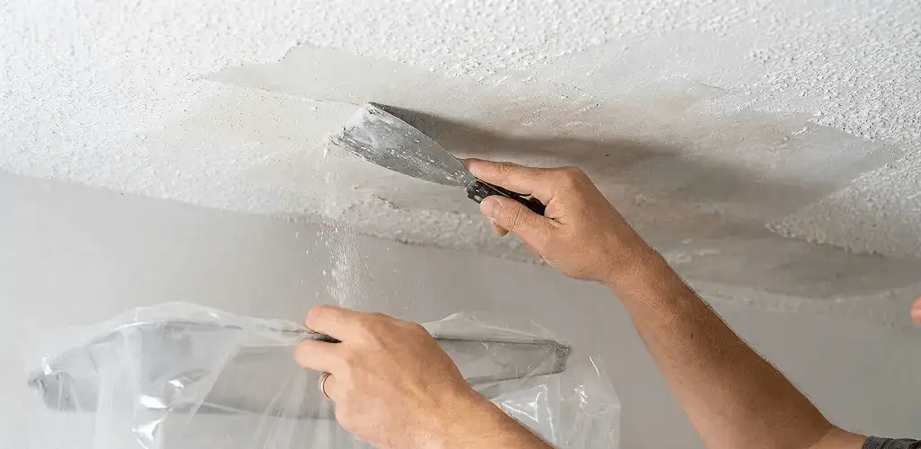 Popcorn ceiling removal technician scraping texture from a ceiling in Hialeah, FL