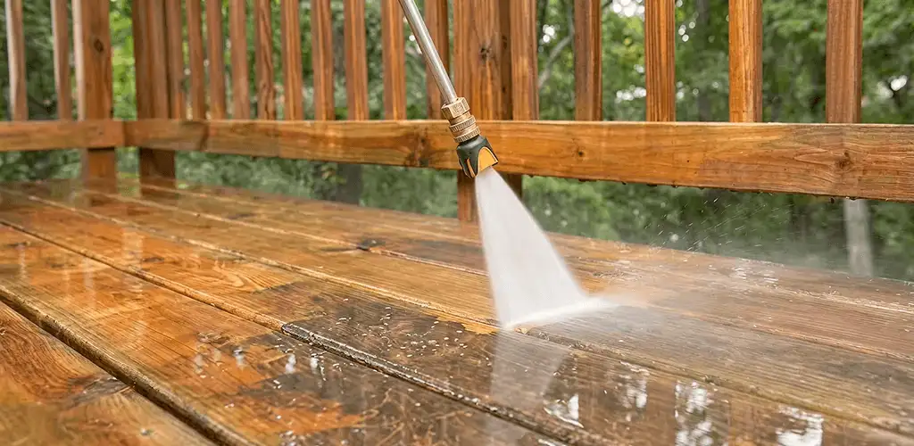 Pressure washing a wood deck to remove dirt and buildup in Hialeah, FL
