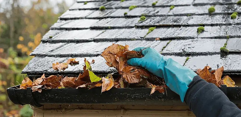 Gutter cleaning technician clearing wet leaves from roof gutters in Hialeah, FL