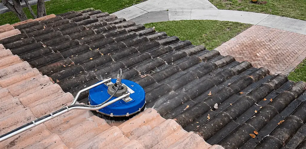 Roof pressure cleaning removing debris and buildup from roof tiles in Hialeah, FL