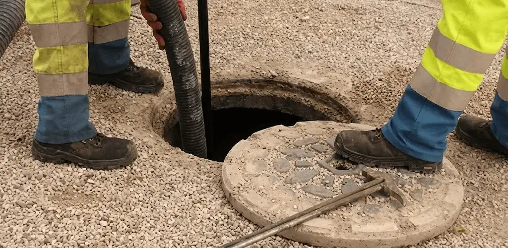 Drain cleaning crew clearing a sewer access point with professional equipment in Hialeah, FL