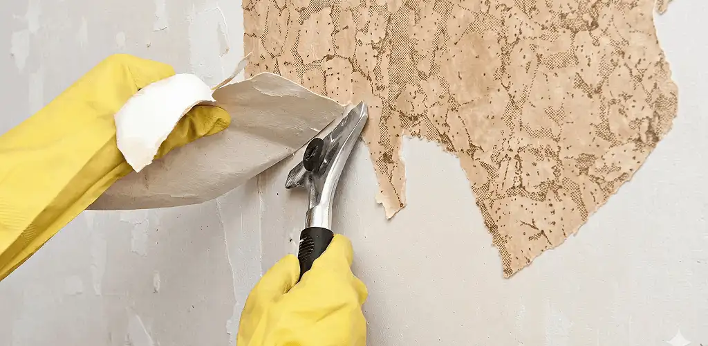 Wallpaper removal service stripping old wallpaper from a wall in Hialeah, FL